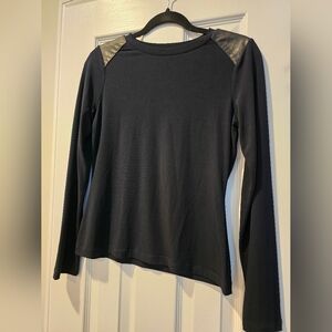 Navy Long Sleeve Top with Black Leather Accents On Shoulder